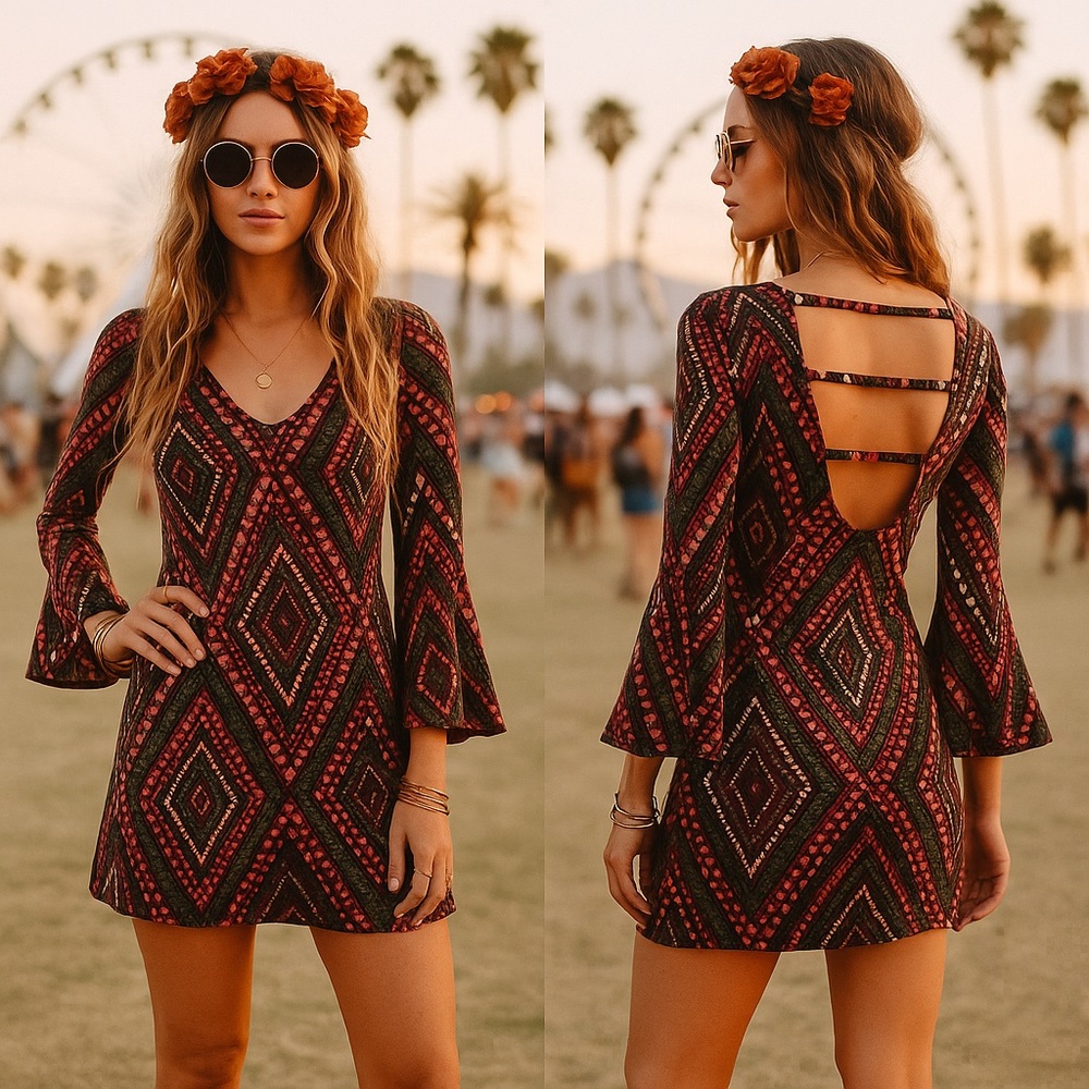Bongo Retro Geo Print Bell Sleeve Mini Dress w Strap Back Size S Festival Boho